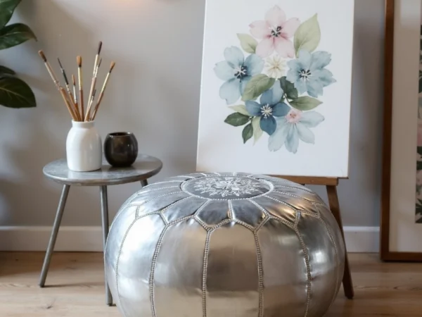 Silver Leather Pouf – Handcrafted Moroccan Ottoman (21″ × 12″) with White Stitching