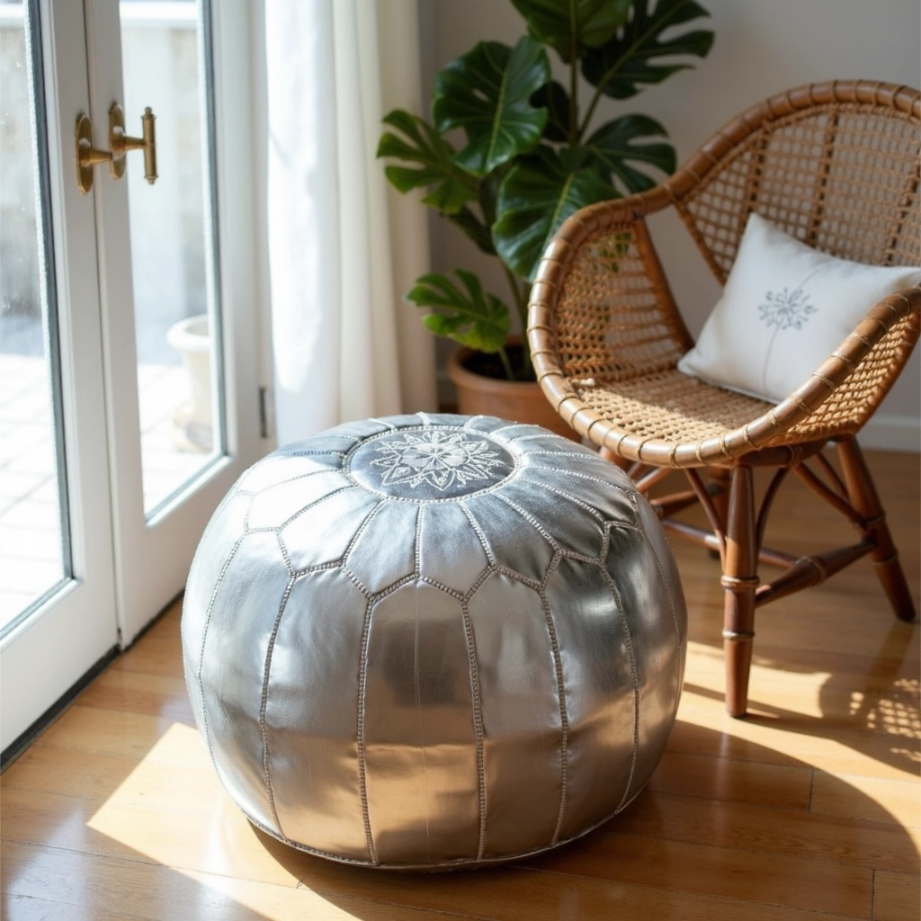 Silver Leather Pouf – Handcrafted Moroccan Ottoman (21″ × 12″) with White Stitching
