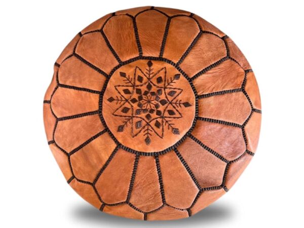 Natural Leather Pouf Ottoman – Handstitched Moroccan Round Pouf (21″ × 12″)