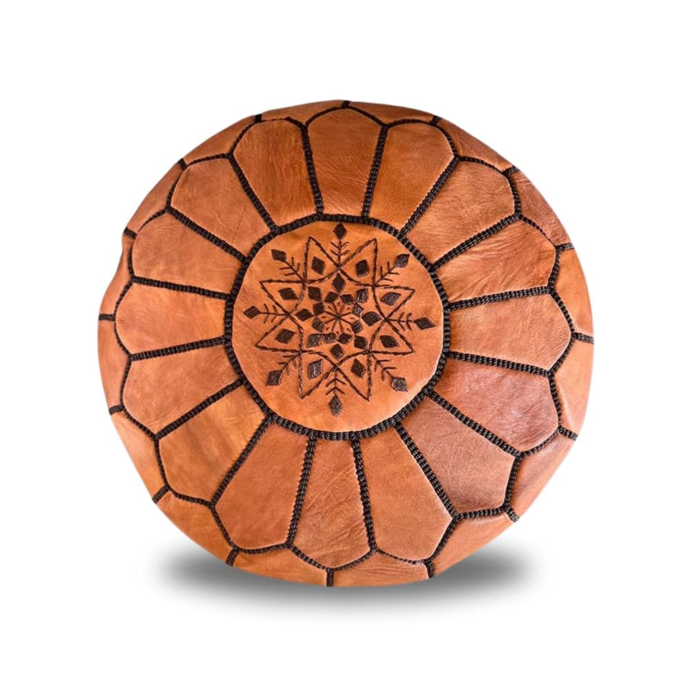 Natural Leather Pouf Ottoman – Handstitched Moroccan Round Pouf (21″ × 12″)