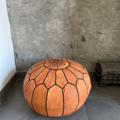 Natural Leather Pouf Ottoman – Handstitched Moroccan Round Pouf (21″ × 12″)