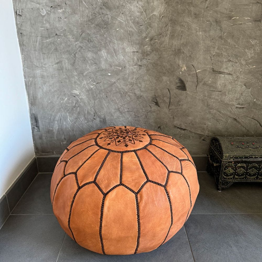 Natural Leather Pouf Ottoman – Handstitched Moroccan Round Pouf (21″ × 12″)