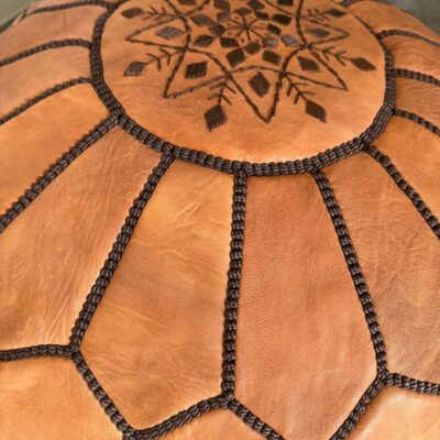 Natural Leather Pouf Ottoman – Handstitched Moroccan Round Pouf (21″ × 12″)