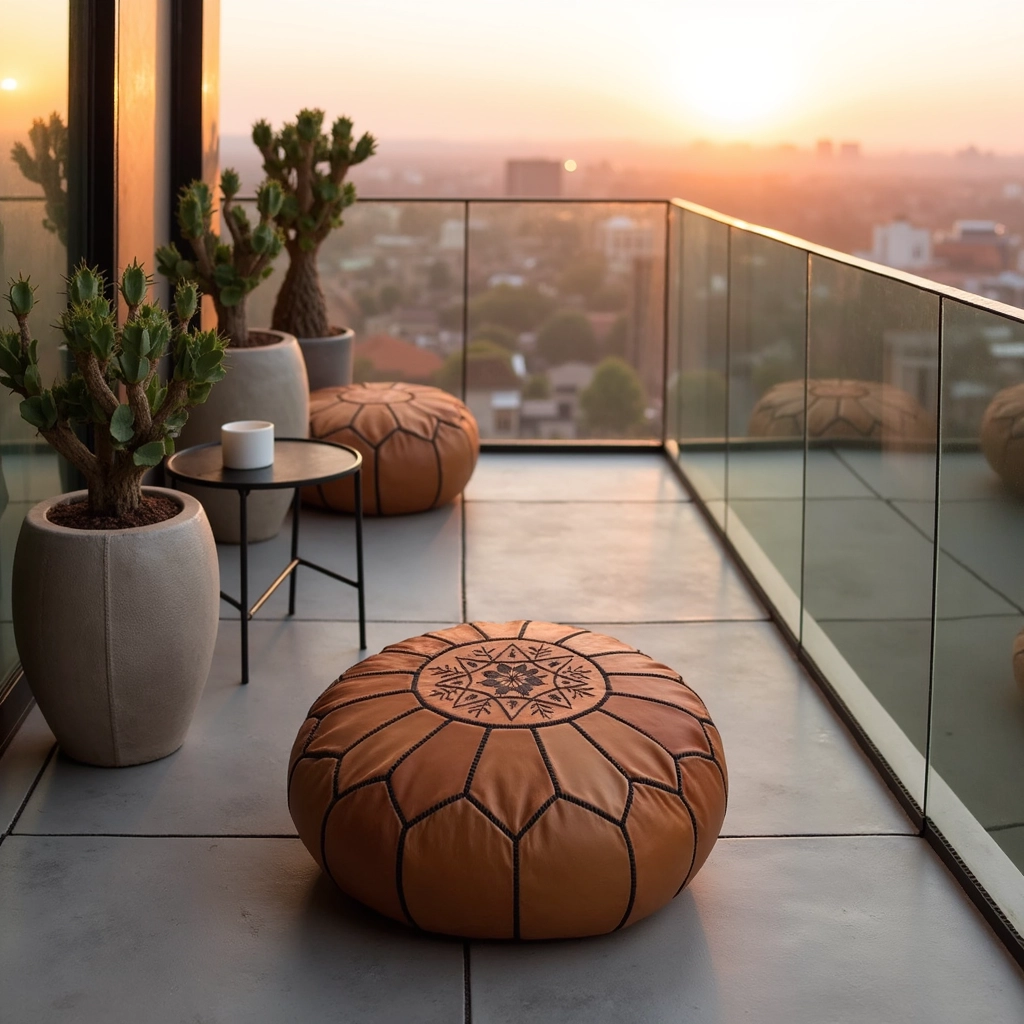 Natural Leather Pouf Ottoman – Handstitched Moroccan Round Pouf (21″ × 12″)