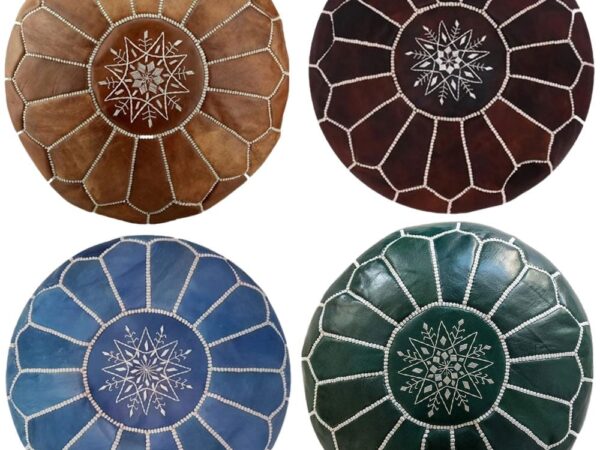 Set of 4 Moroccan Leather Poufs – Handcrafted Ottomans in Blue, Brown, Green