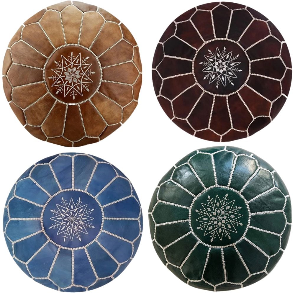 Set of 4 Moroccan Leather Poufs – Handcrafted Ottomans in Blue, Brown, Green