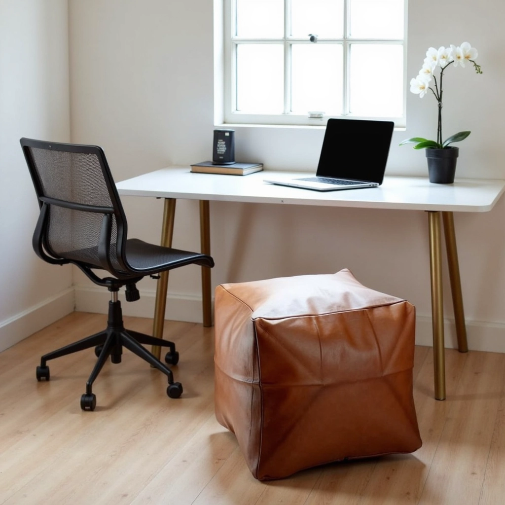 Stylish-Moroccan-Leather-Pouffe-Ottoman-4.webp Handcrafted Leather Square Pouffe Ottoman – 16″ Minimalist Moroccan Design
