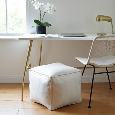 White Square Leather Pouf – Modern Moroccan Handcrafted Ottoman (16″ × 16″ × 15″)