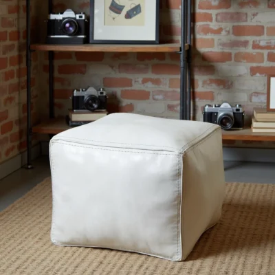 White Square Leather Pouf – Modern Moroccan Handcrafted Ottoman (16″ × 16″ × 15″)