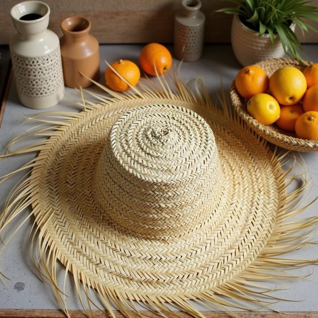 Summer-Straw-Hats-Palm-Leaf-Hat-5.webp Artisanal Fringe Summer Straw Hat – Handwoven Wide Brim Sun Hat (26″)