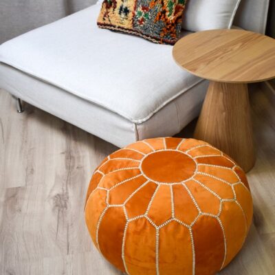 Velvet Pouffe – Orange and White | 55x35 cm Handcrafted Round Ottoman