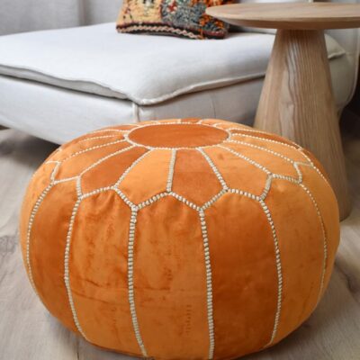 Velvet Pouffe – Orange and White | 55x35 cm Handcrafted Round Ottoman