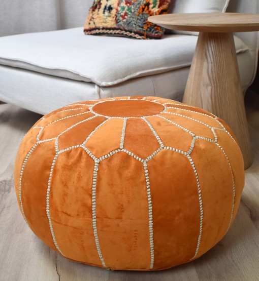 Velvet Pouffe – Orange and White | 55x35 cm Handcrafted Round Ottoman