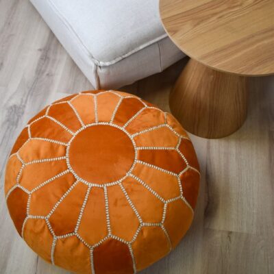 Velvet Pouffe – Orange and White | 55x35 cm Handcrafted Round Ottoman