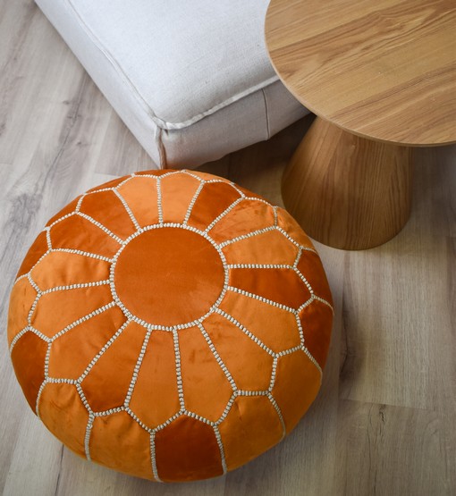 Velvet Pouffe – Orange and White | 55x35 cm Handcrafted Round Ottoman