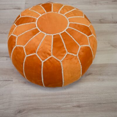 Velvet Pouffe – Orange and White | 55x35 cm Handcrafted Round Ottoman