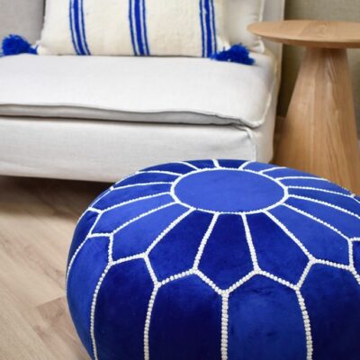 Velvet Pouffe – Blue and White | 55x35 cm Handcrafted Round Ottoman