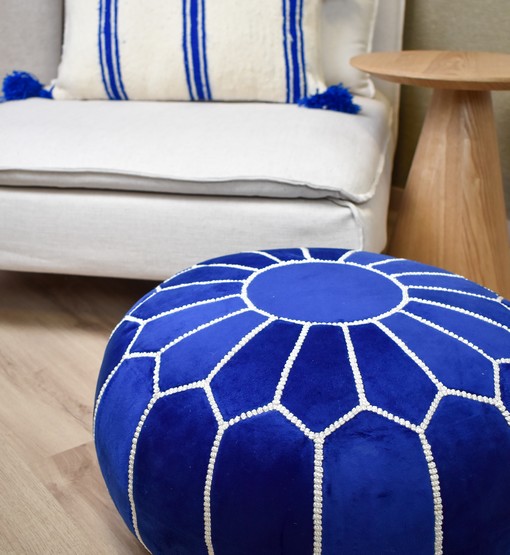 Velvet Pouffe – Blue and White | 55x35 cm Handcrafted Round Ottoman