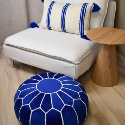 Velvet Pouffe – Blue and White | 55x35 cm Handcrafted Round Ottoman