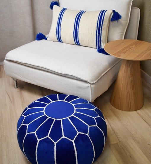 Velvet Pouffe – Blue and White | 55x35 cm Handcrafted Round Ottoman
