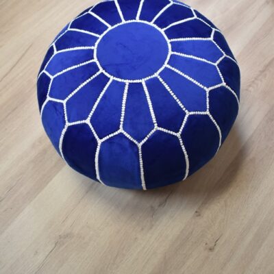 Velvet Pouffe – Blue and White | 55x35 cm Handcrafted Round Ottoman