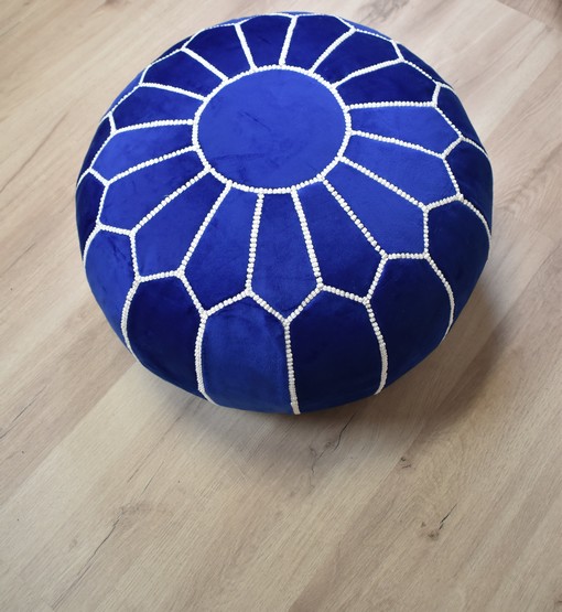 Velvet Pouffe – Blue and White | 55x35 cm Handcrafted Round Ottoman