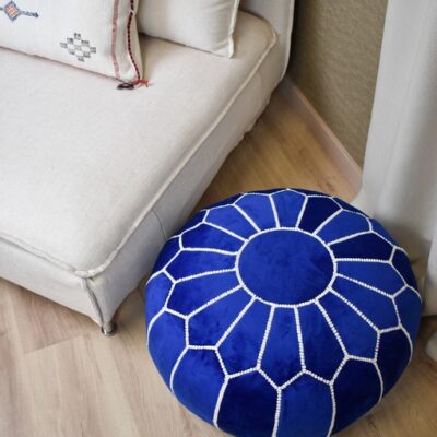 Velvet Pouffe – Blue and White | 55x35 cm Handcrafted Round Ottoman