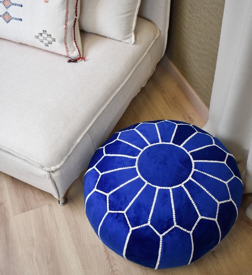 Velvet Pouffe – Blue and White | 55x35 cm Handcrafted Round Ottoman