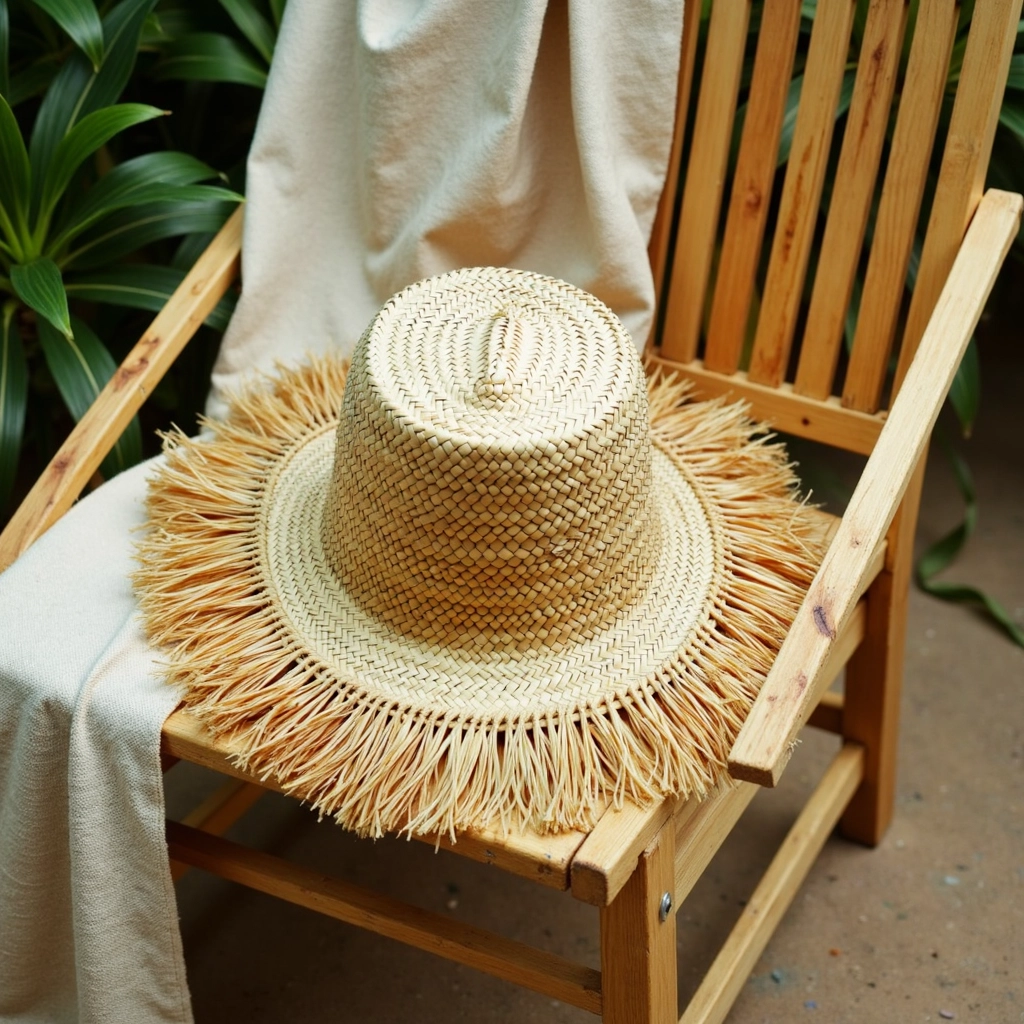 Woven-Garden-Hat-Palm-Leaf-Hat-10.webp Handwoven Fringe Garden Hat – Natural Straw Sun Hat with Wide Brim (26″ Diameter)