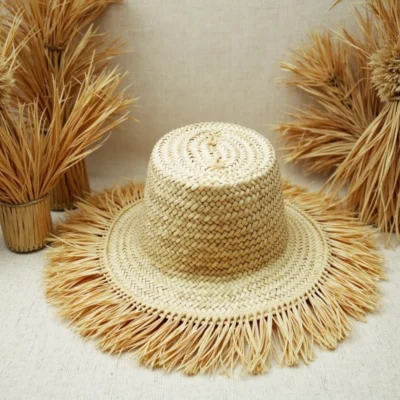 Woven-Garden-Hat-Palm-Leaf-Hat-4-2.webp Handwoven Fringe Garden Hat – Natural Straw Sun Hat with Wide Brim (26″ Diameter)