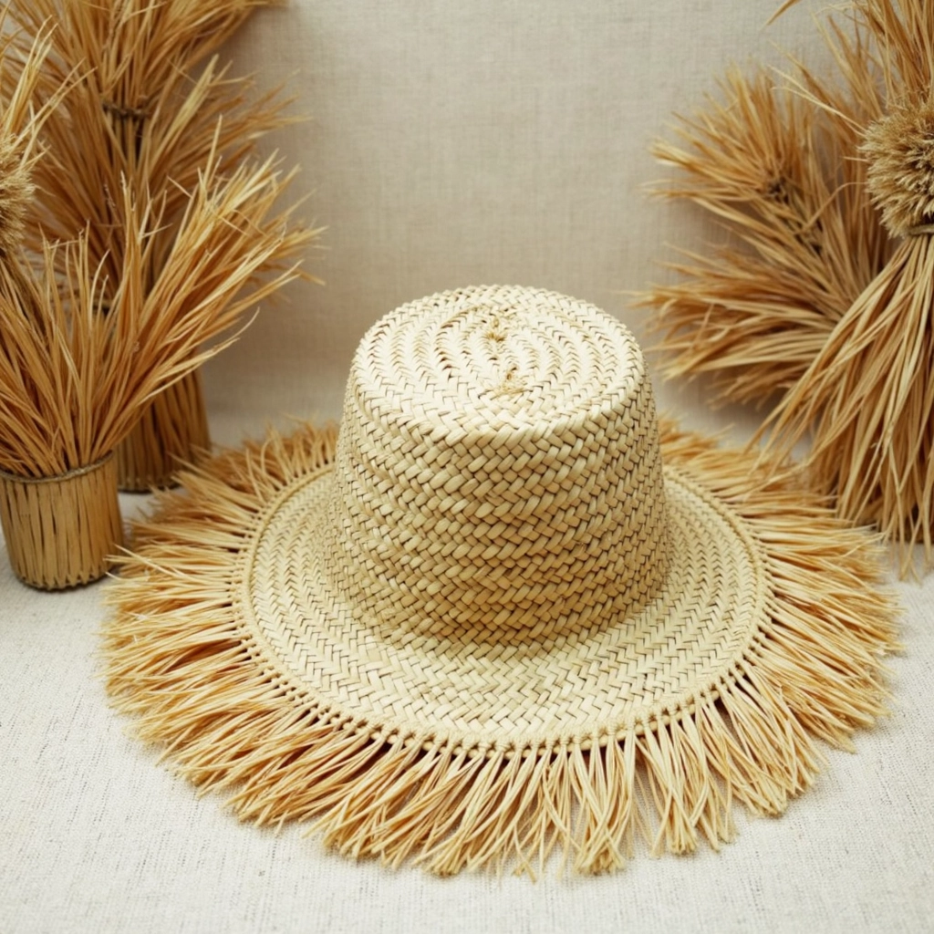 Woven-Garden-Hat-Palm-Leaf-Hat-4-2.webp Handwoven Fringe Garden Hat – Natural Straw Sun Hat with Wide Brim (26″ Diameter)