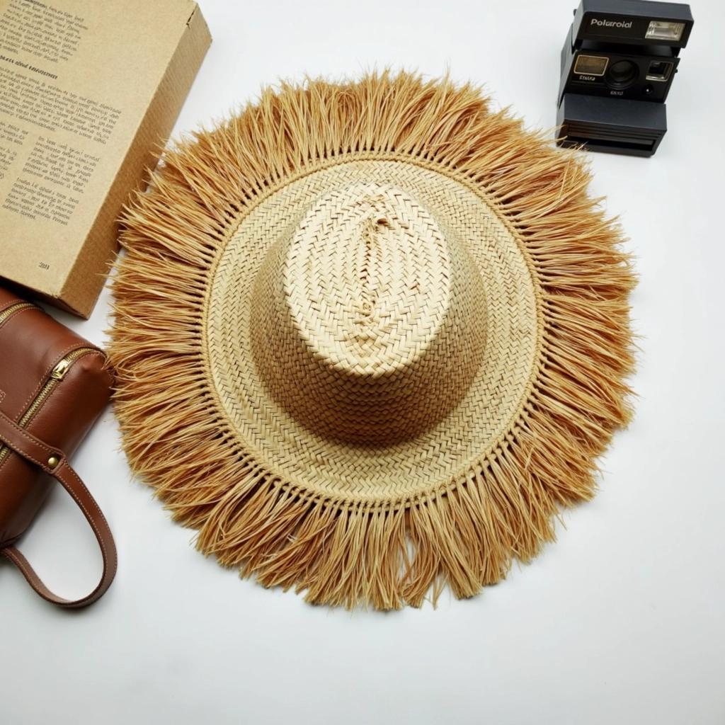 Woven-Garden-Hat-Palm-Leaf-Hat-7.webp Handwoven Fringe Garden Hat – Natural Straw Sun Hat with Wide Brim (26″ Diameter)
