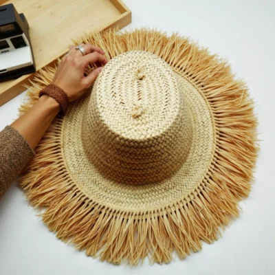 Woven-Garden-Hat-Palm-Leaf-Hat-8.webp Handwoven Fringe Garden Hat – Natural Straw Sun Hat with Wide Brim (26″ Diameter)