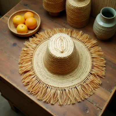 Woven-Garden-Hat-Palm-Leaf-Hat-9.webp Handwoven Fringe Garden Hat – Natural Straw Sun Hat with Wide Brim (26″ Diameter)