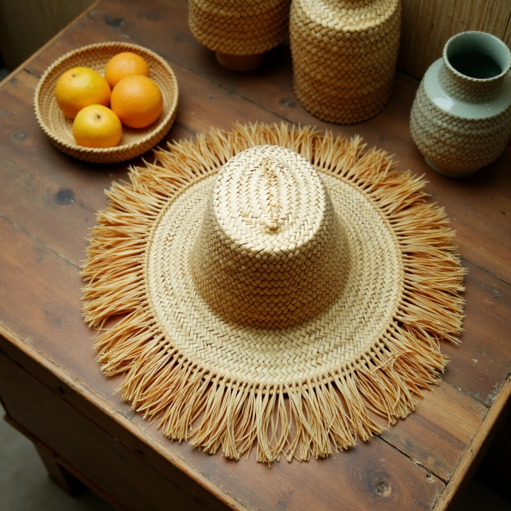 Woven-Garden-Hat-Palm-Leaf-Hat-9.webp Handwoven Fringe Garden Hat – Natural Straw Sun Hat with Wide Brim (26″ Diameter)
