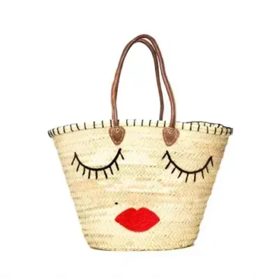 Handmade Straw Tote Bag with Eye Pattern – Moroccan Woven Basket with Drawstring Closure