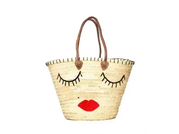 Handmade Straw Tote Bag with Eye Pattern – Moroccan Woven Basket with Drawstring Closure
