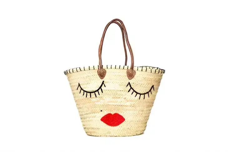 Handmade Straw Tote Bag with Eye Pattern – Moroccan Woven Basket with Drawstring Closure