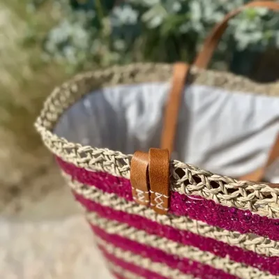 Sequin Basket – Handwoven Doum Palm Fiber Tote with Leather Handles & Drawstring Closure