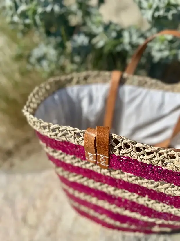 Sequin Basket – Handwoven Doum Palm Fiber Tote with Leather Handles & Drawstring Closure