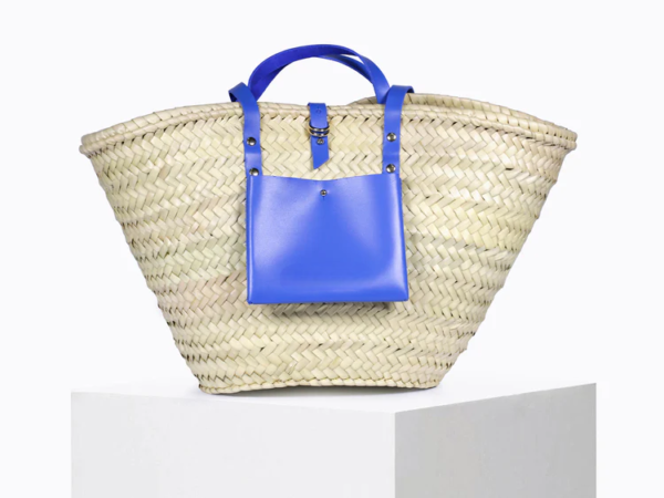 Digital Blue Basket – Handwoven Doum & Leather Summer Tote