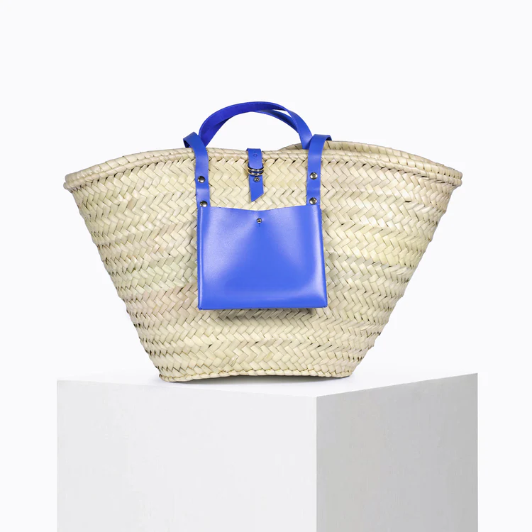 Digital Blue Basket – Handwoven Doum & Leather Summer Tote
