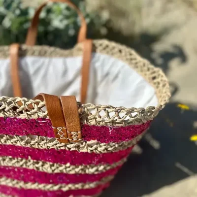 Sequin Basket – Handwoven Doum Palm Fiber Tote with Leather Handles & Drawstring Closure