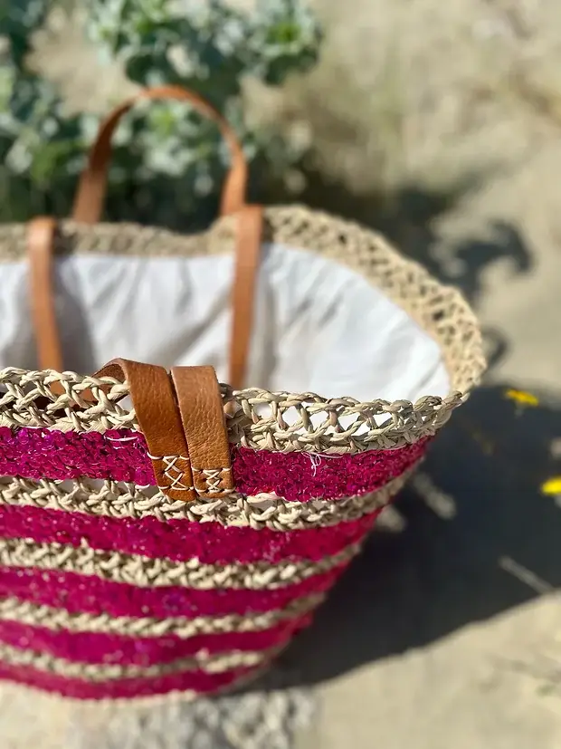 Sequin Basket – Handwoven Doum Palm Fiber Tote with Leather Handles & Drawstring Closure