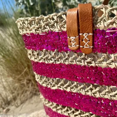 Sequin Basket – Handwoven Doum Palm Fiber Tote with Leather Handles & Drawstring Closure