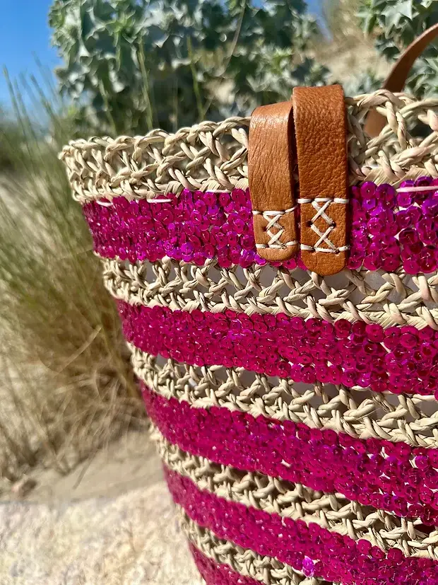 Sequin Basket – Handwoven Doum Palm Fiber Tote with Leather Handles & Drawstring Closure
