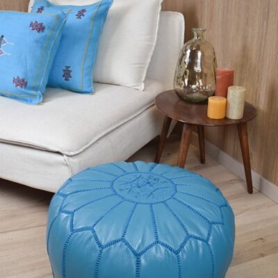 Leather Pouffe – Turquoise | 55x35 cm Handcrafted Round Ottoman