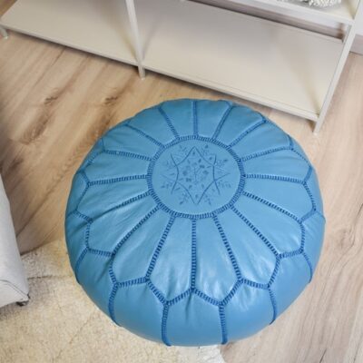Leather Pouffe – Turquoise | 55x35 cm Handcrafted Round Ottoman