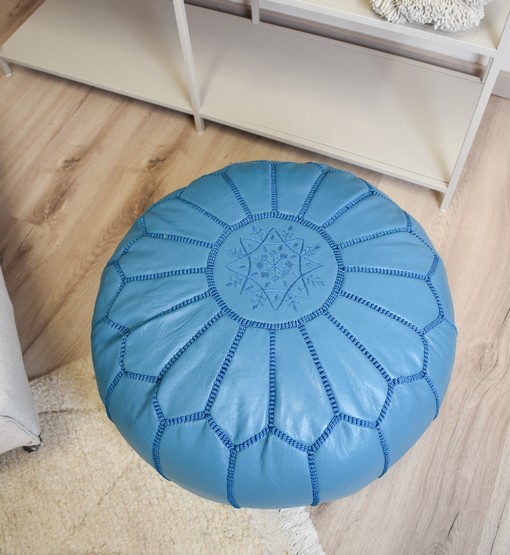 Leather Pouffe – Turquoise | 55x35 cm Handcrafted Round Ottoman