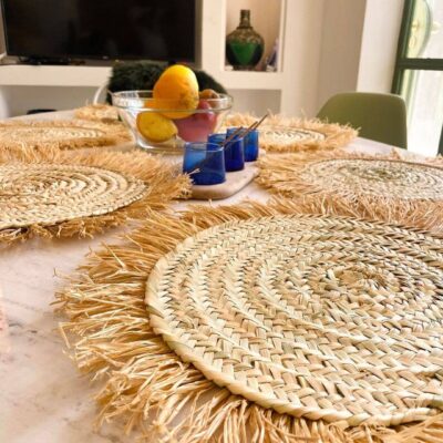 Handwoven Wicker Moroccan Placemats with Tassels – Boho Table Decor